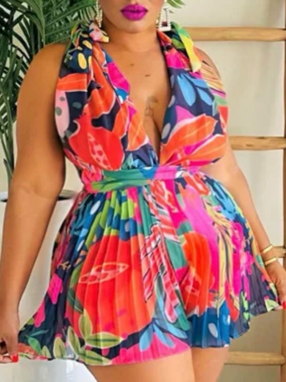 Colorful Deep V neck- Pleated- backless Romper.  NWT. Size XL